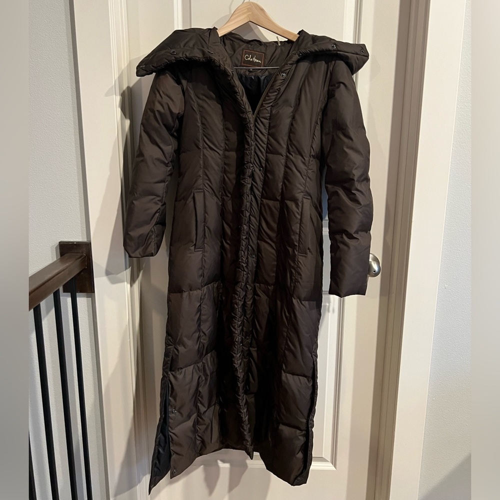Cole Haan chocolate brown full length down filled winter coat with tie details